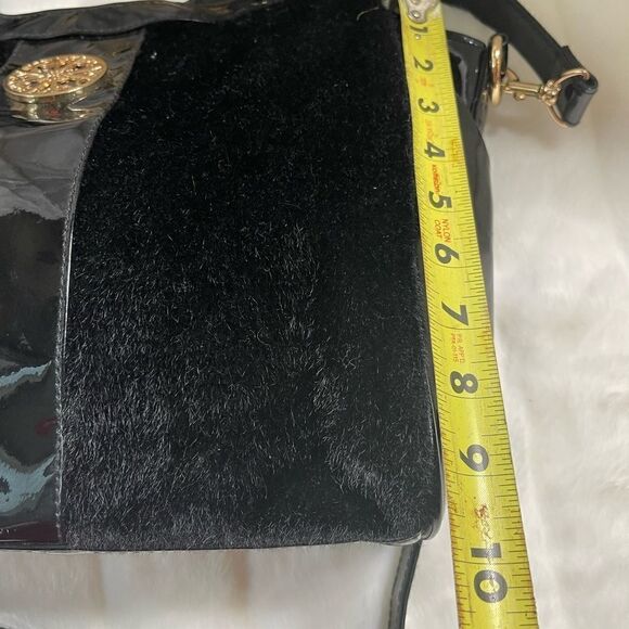 Avon the collection black velour and patent handbag bag with gold accents. - Picture 10 of 11